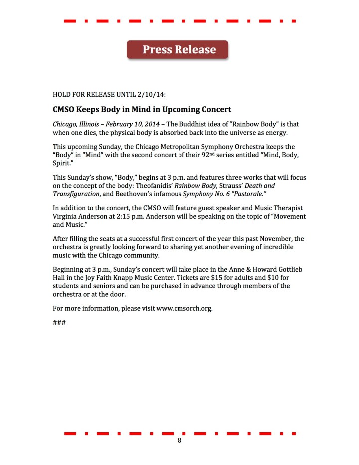 This press release was submitted as part of a promotional plan for the Chicago Metropolitan Symphony Orchestra.
